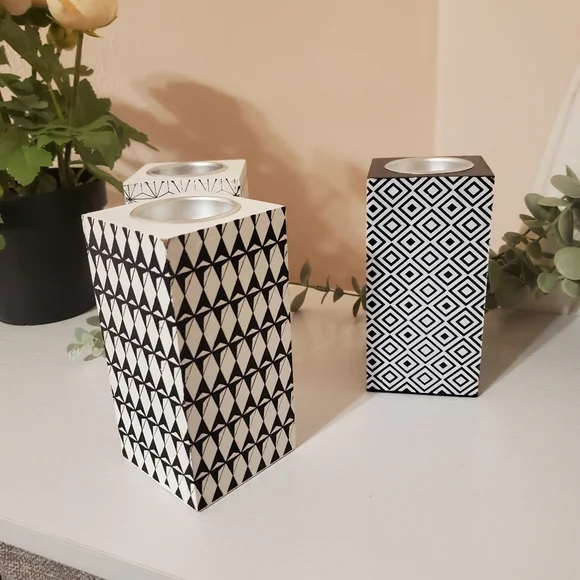 3 Black & White Stylish Tea Candle Holders - Picture 2 of 5